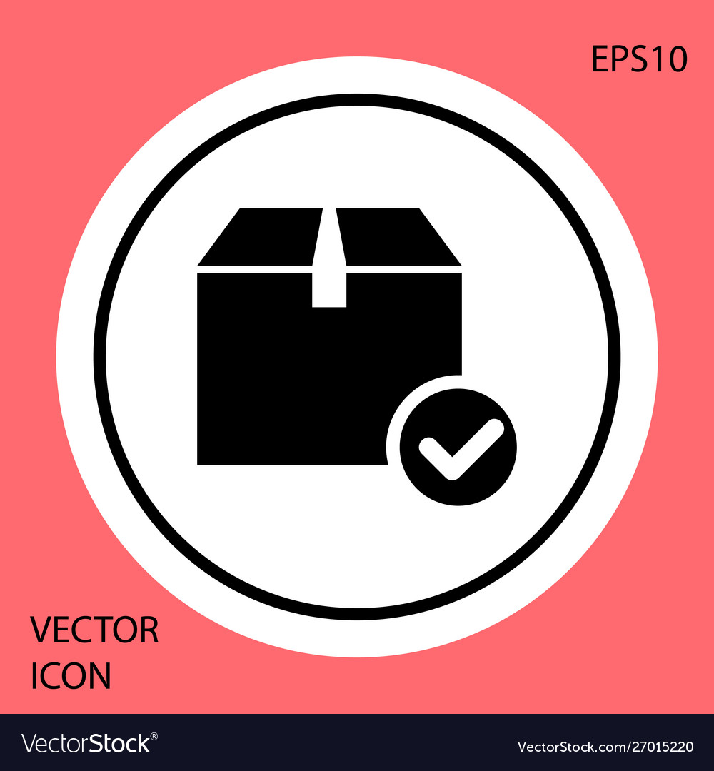 Black package box with check mark icon isolated