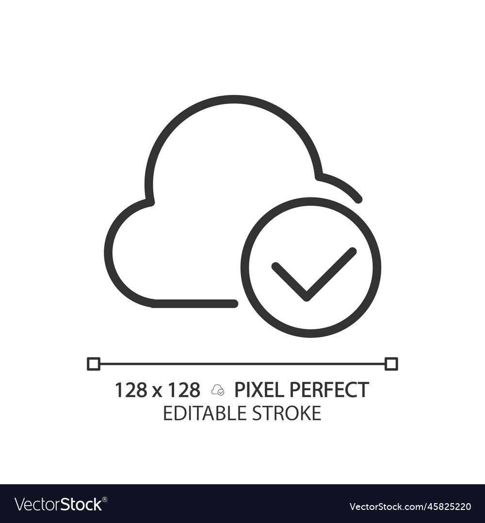 Cloud with check mark pixel perfect linear icon vector image Cloud with check mark pixel perfect linear icon