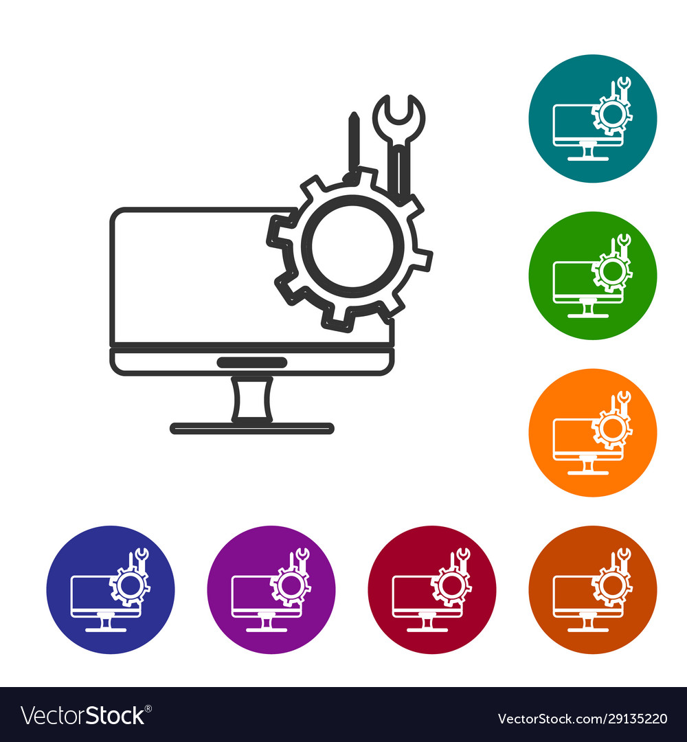 Grey line computer monitor with screwdriver vector image Grey line computer monitor with screwdriver