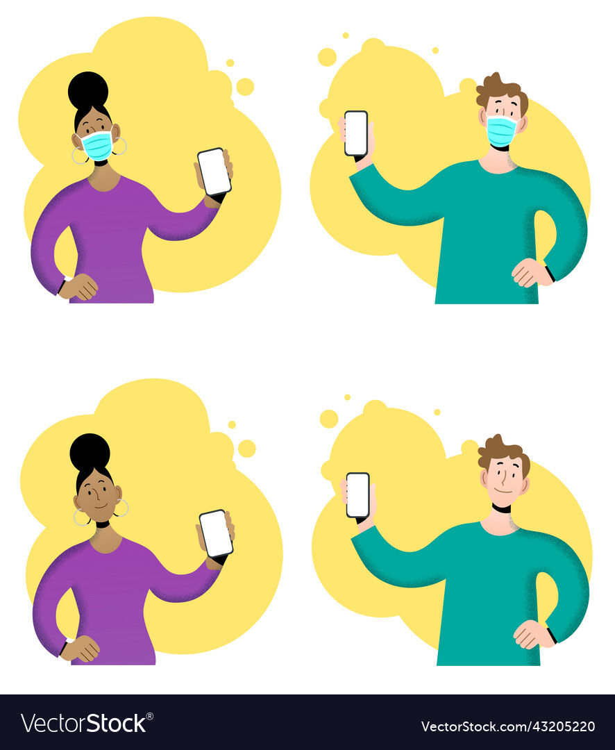 Man and woman holding smartphones set