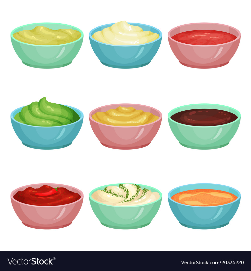 Set different sauces in dip bowls ketchup Vector Image