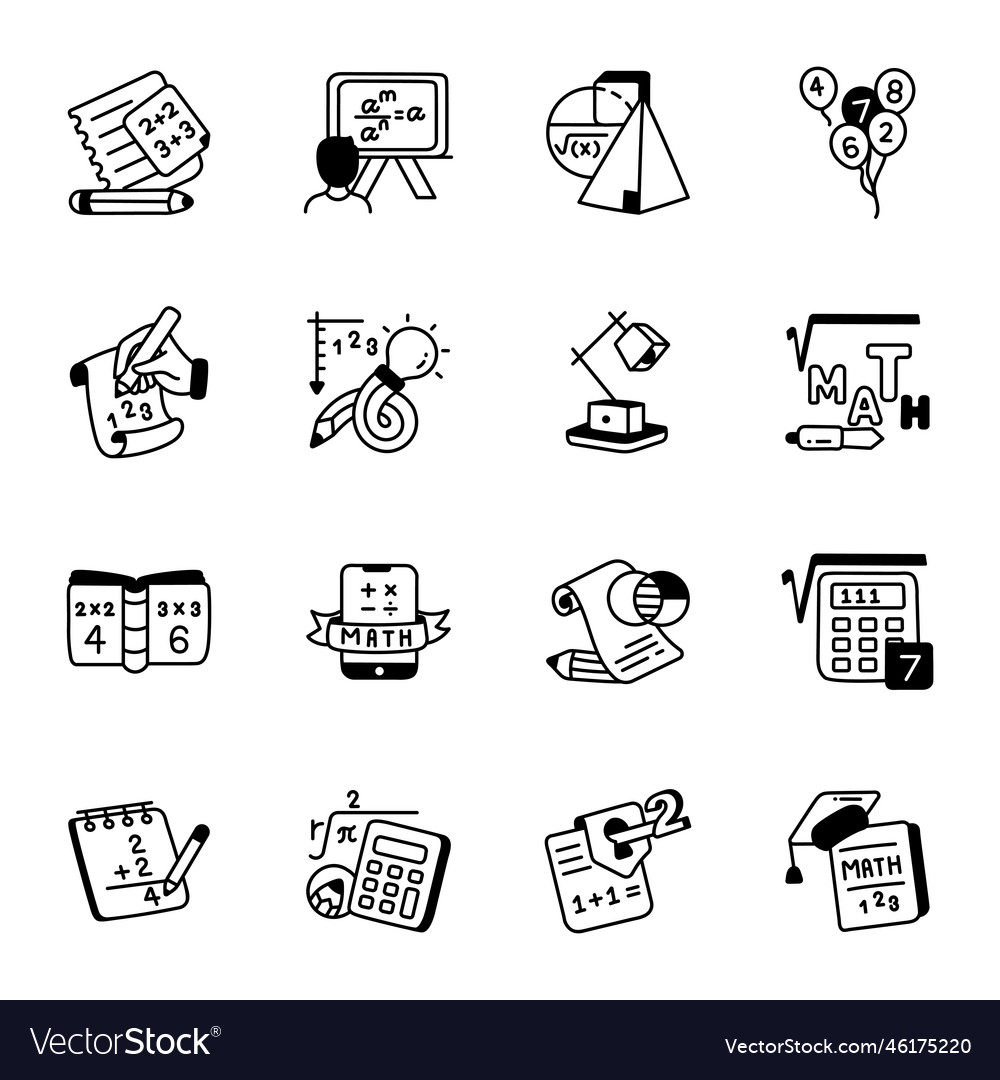 Set of learning maths icons in doodle style