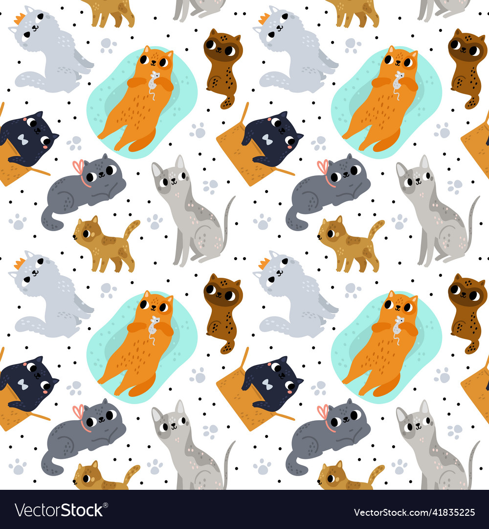 Cute cats seamless pattern different breeds