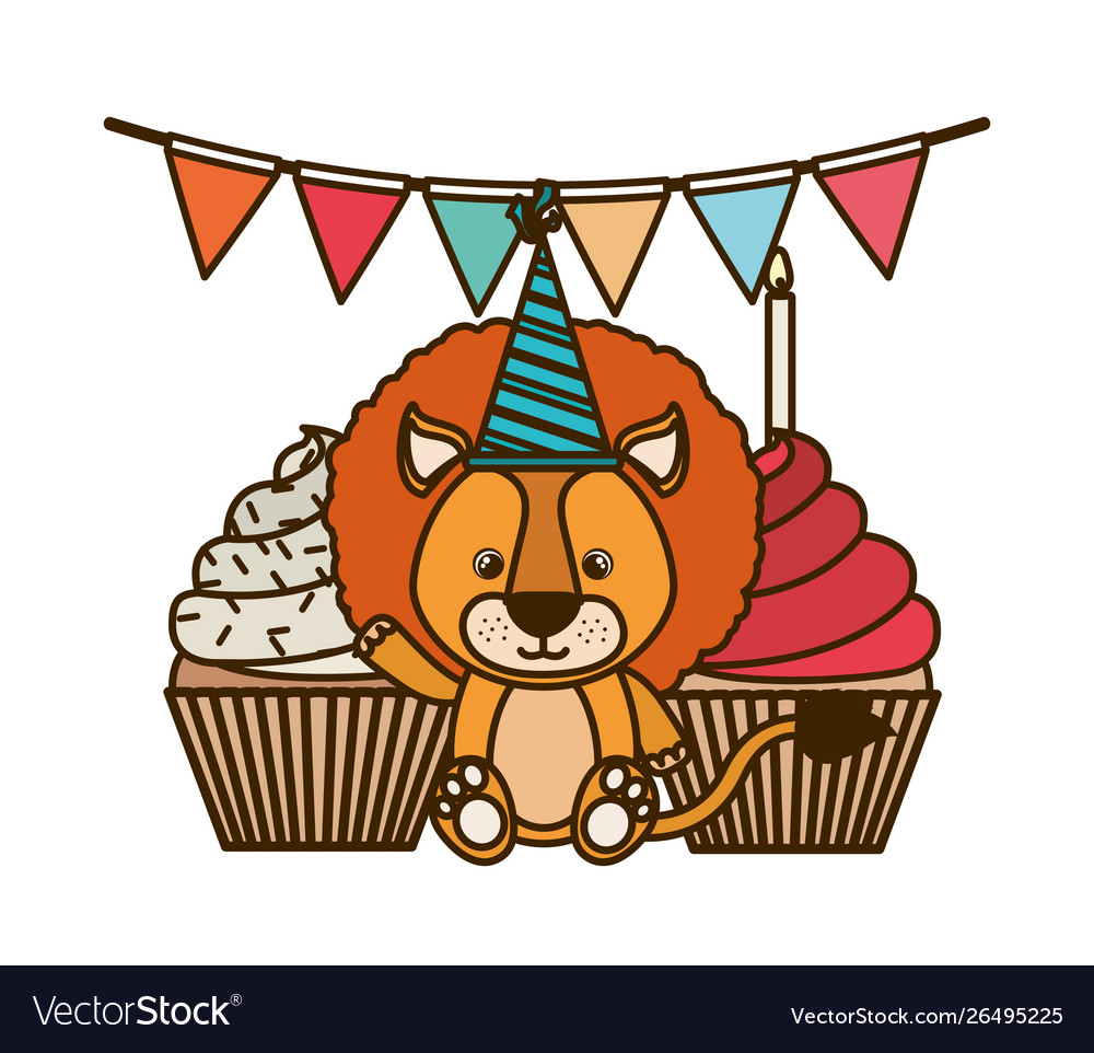 Cute lion with cake happy birthday