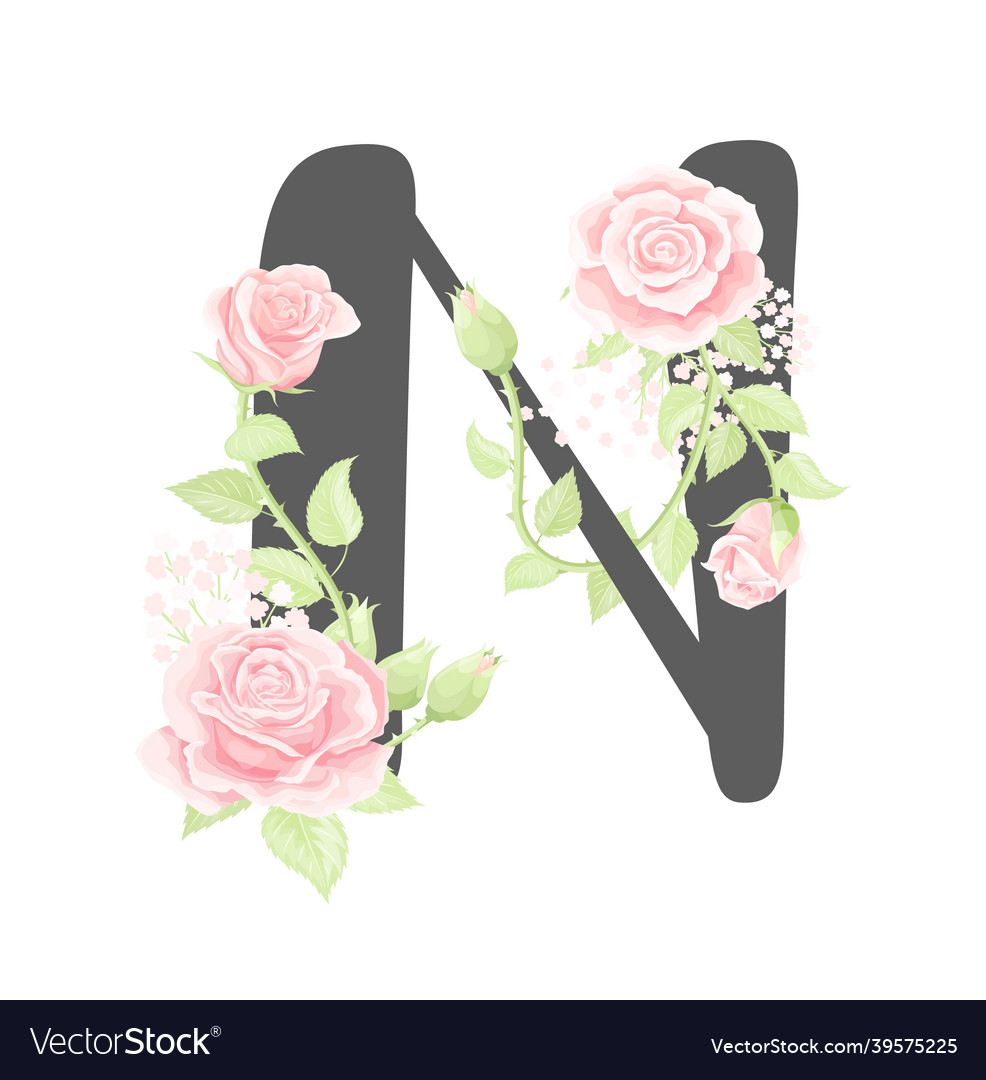 Floral alphabet letter n with pink cream Vector Image