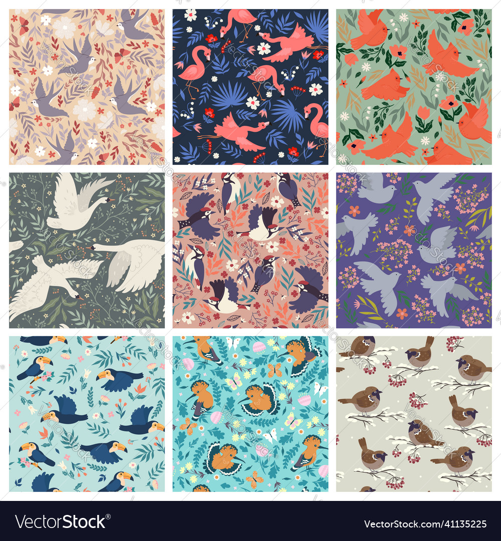 Set of patterns with various birds graphics