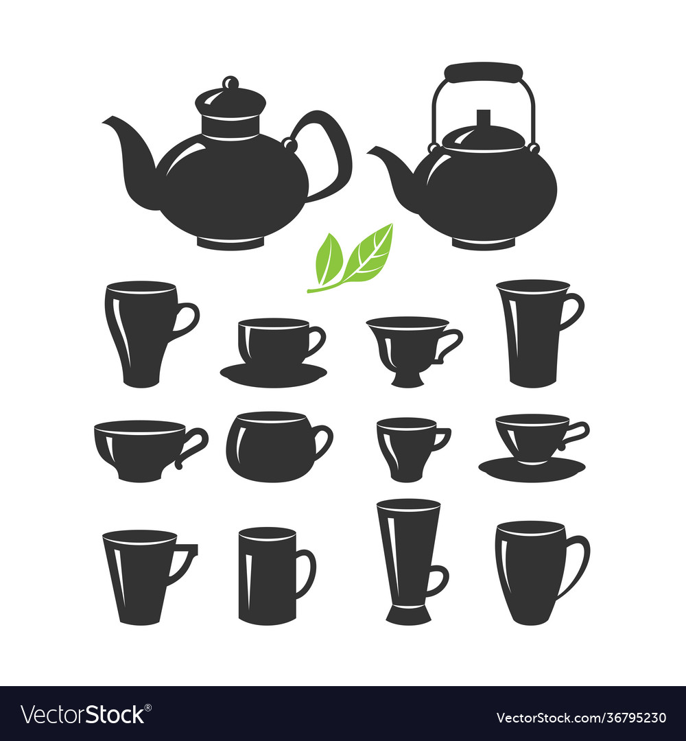 Set cups and teapots various shapes Royalty Free Vector