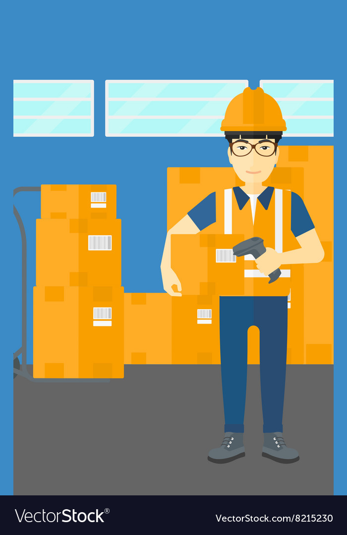 Worker checking barcode on box