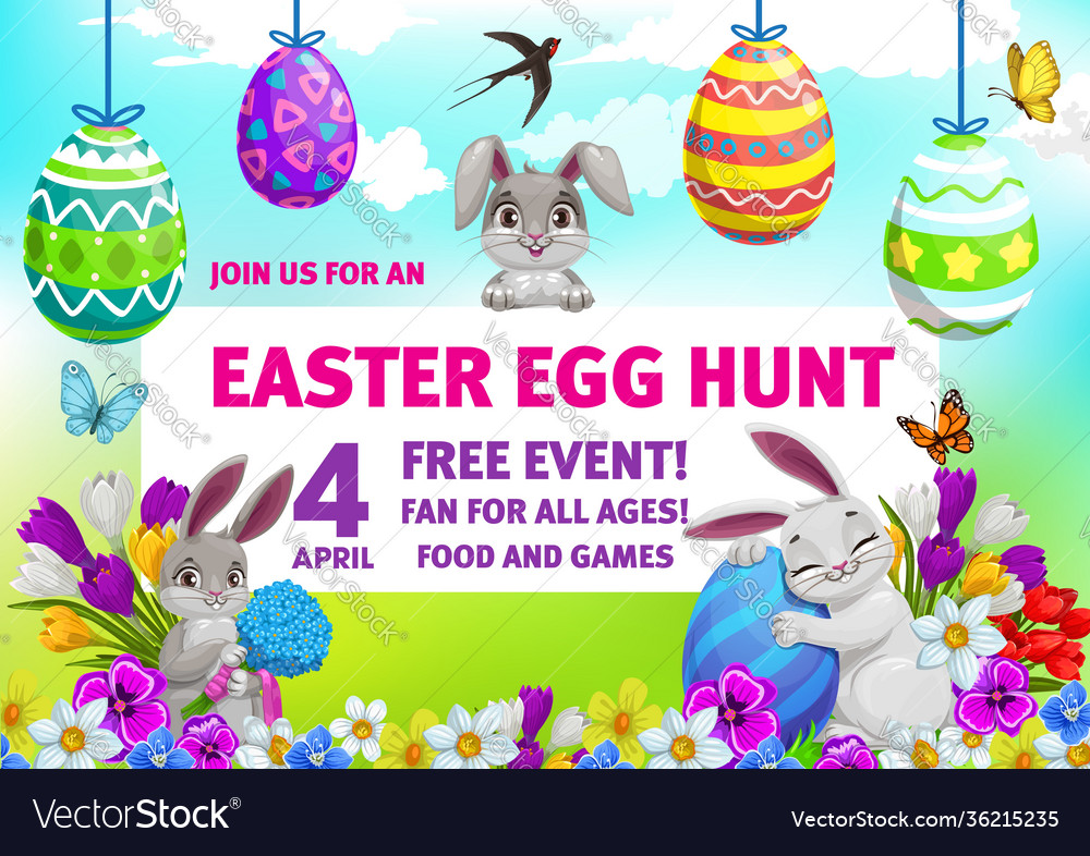 Easter holiday egg hunt party flyer with bunnies vector image Easter holiday egg hunt party flyer with bunnies