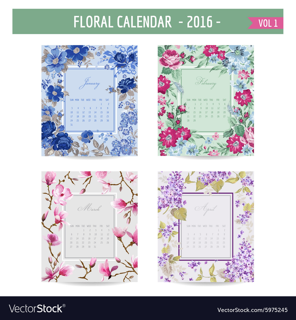 Floral calendar - 2016 - january - april Vector Image