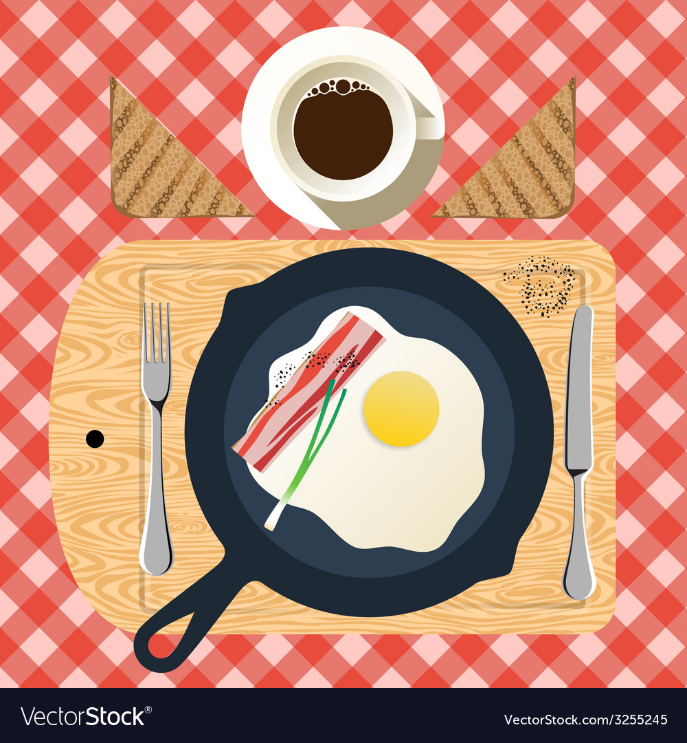 Frying pan breakfast with fried eggs bacon Vector Image