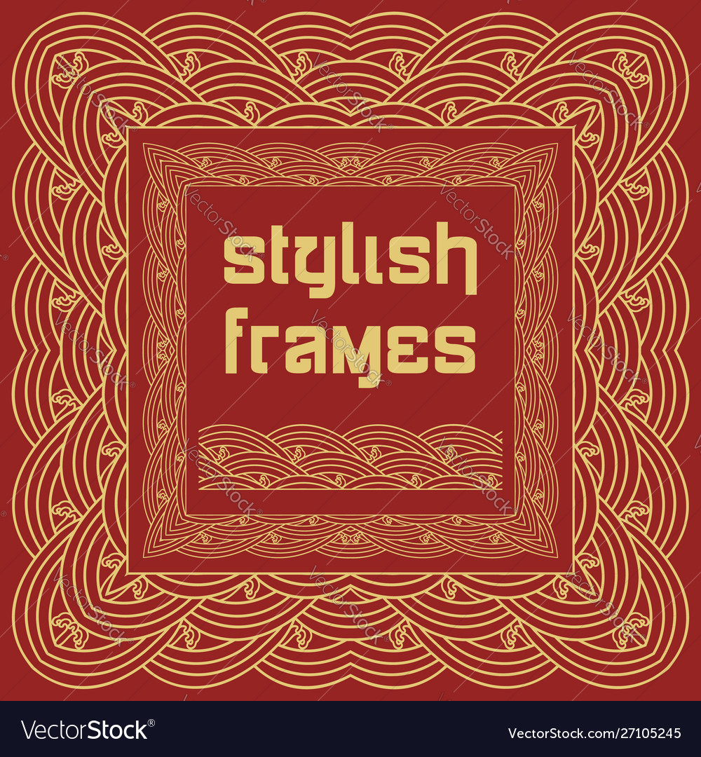 Golden frames with waves on red background vector image Golden frames with waves on red background