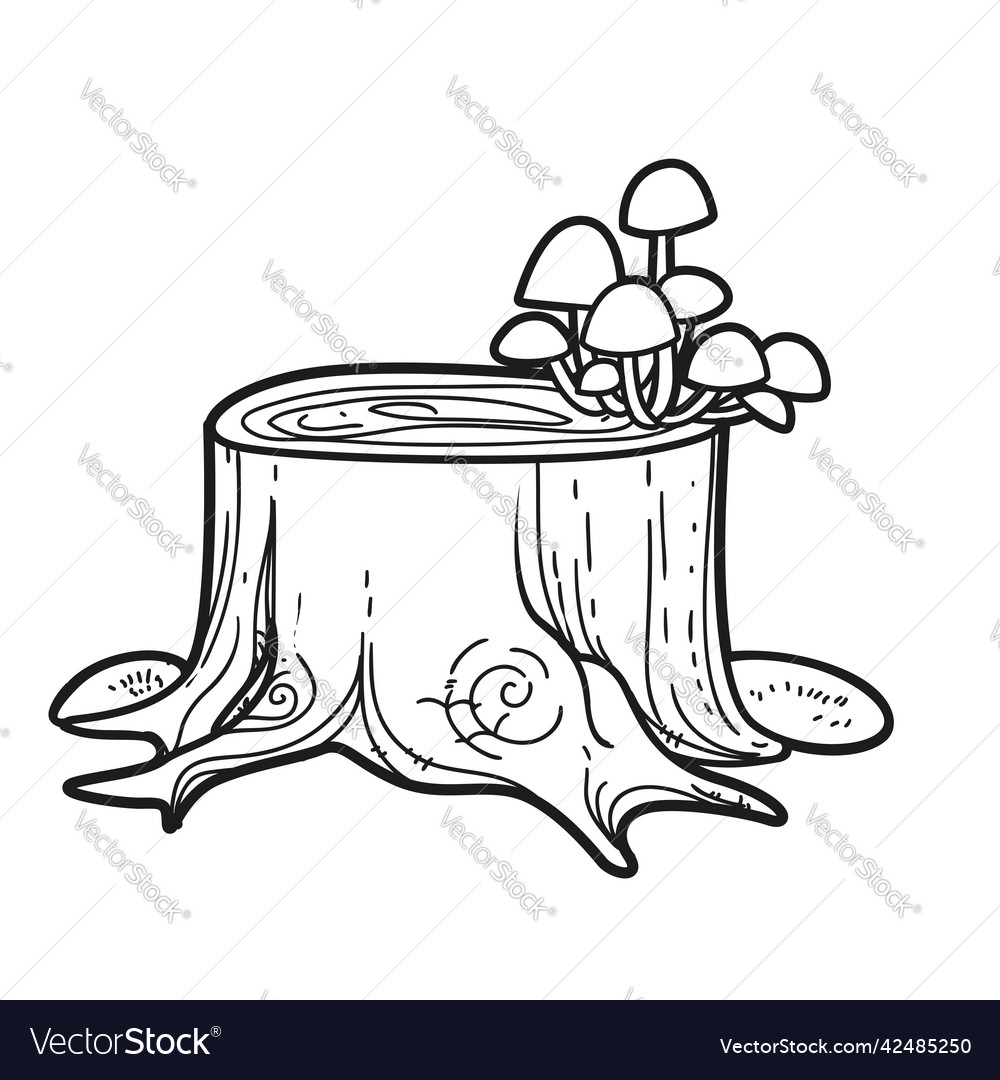 Big stump with toadstools and moss linear drawing Vector Image