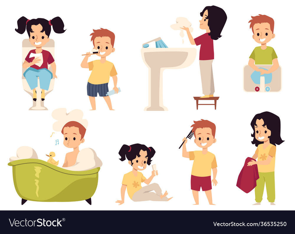 Hygiene in bathroom for kids girls and boys a Vector Image