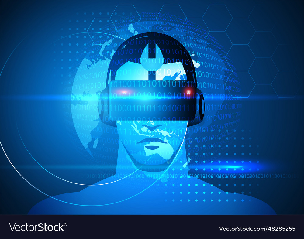 Man in virtual reality goggles against vector image Man in virtual reality goggles against