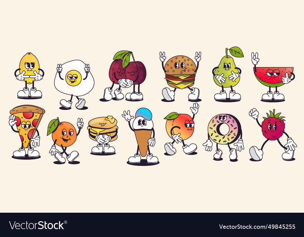 Retro cartoon food doodle cute colorful snacks