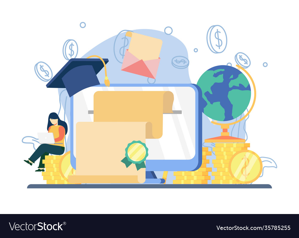 Scholarship concept woman sit on stack coins vector image Scholarship concept woman sit on stack coins