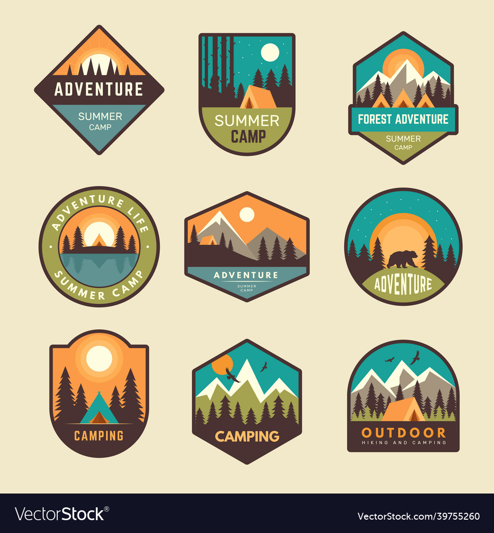 Adventure badges summer camp mountains forest vector image Adventure badges summer camp mountains forest