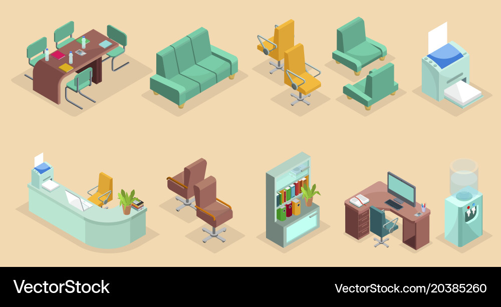 Isometric office interior elements set Royalty Free Vector
