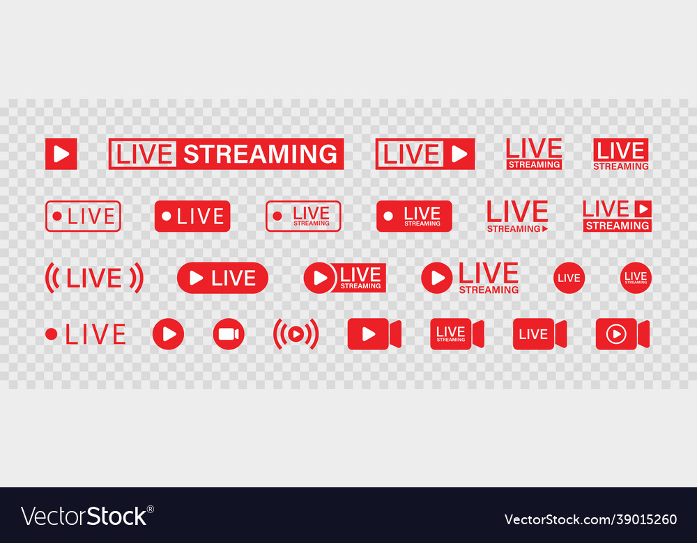 Live streaming set red icons play button icon vector image Live streaming set red icons play button icon