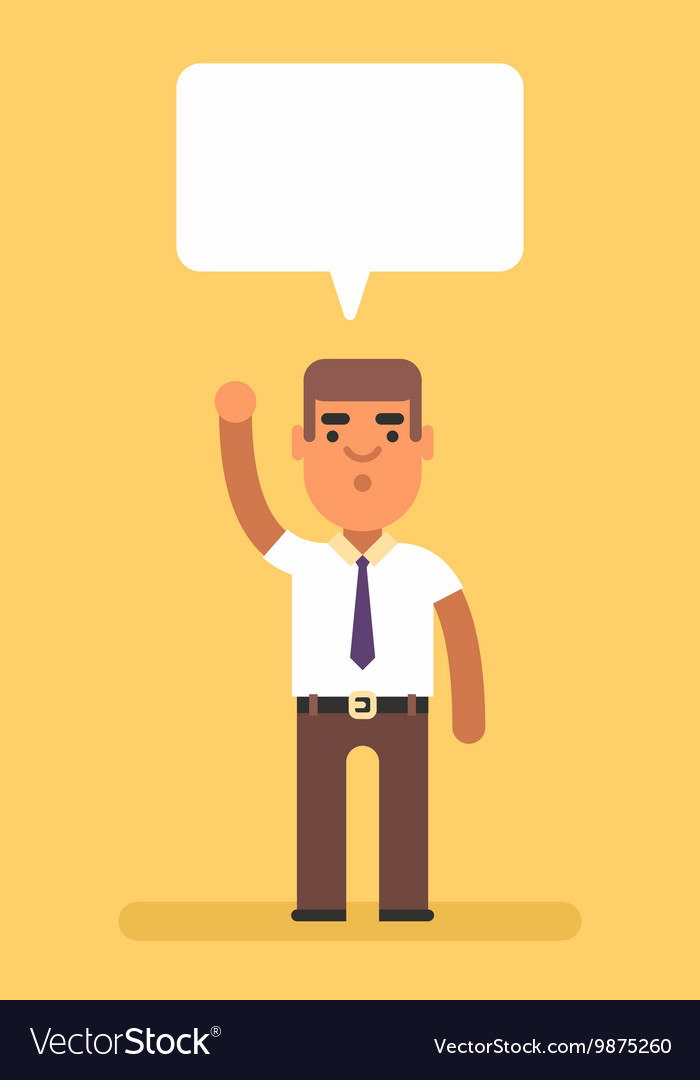 Man raised one hand up attention text bubble cloud