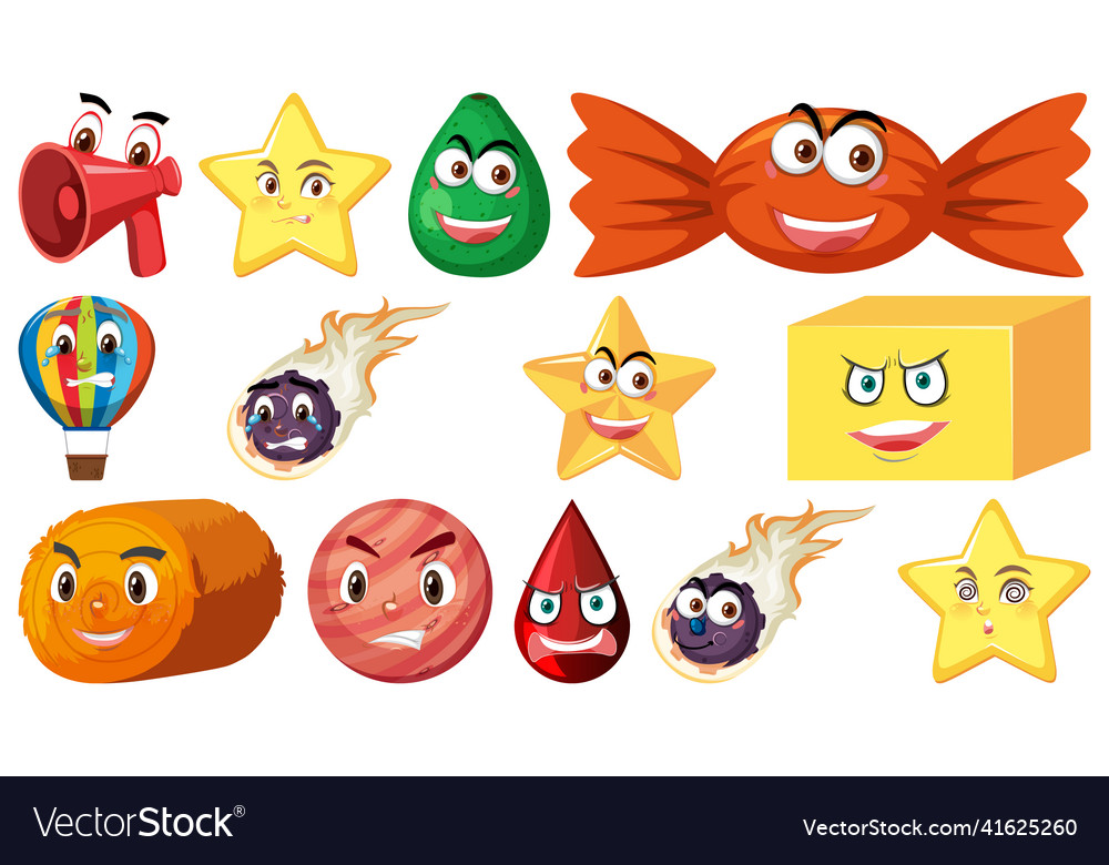 Set of different toy objects with smiley faces vector image Set of different toy objects with smiley faces