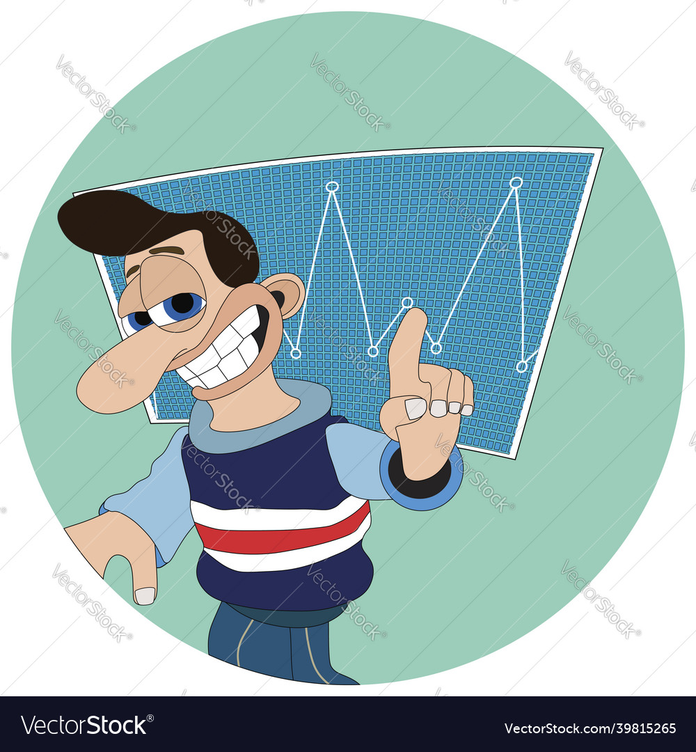 Man with a cheeky smile and big nose pointing