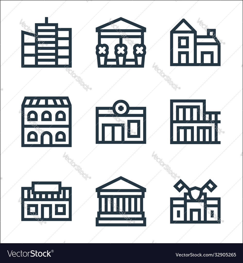 Urban building line icons linear set quality vector image Urban building line icons linear set quality