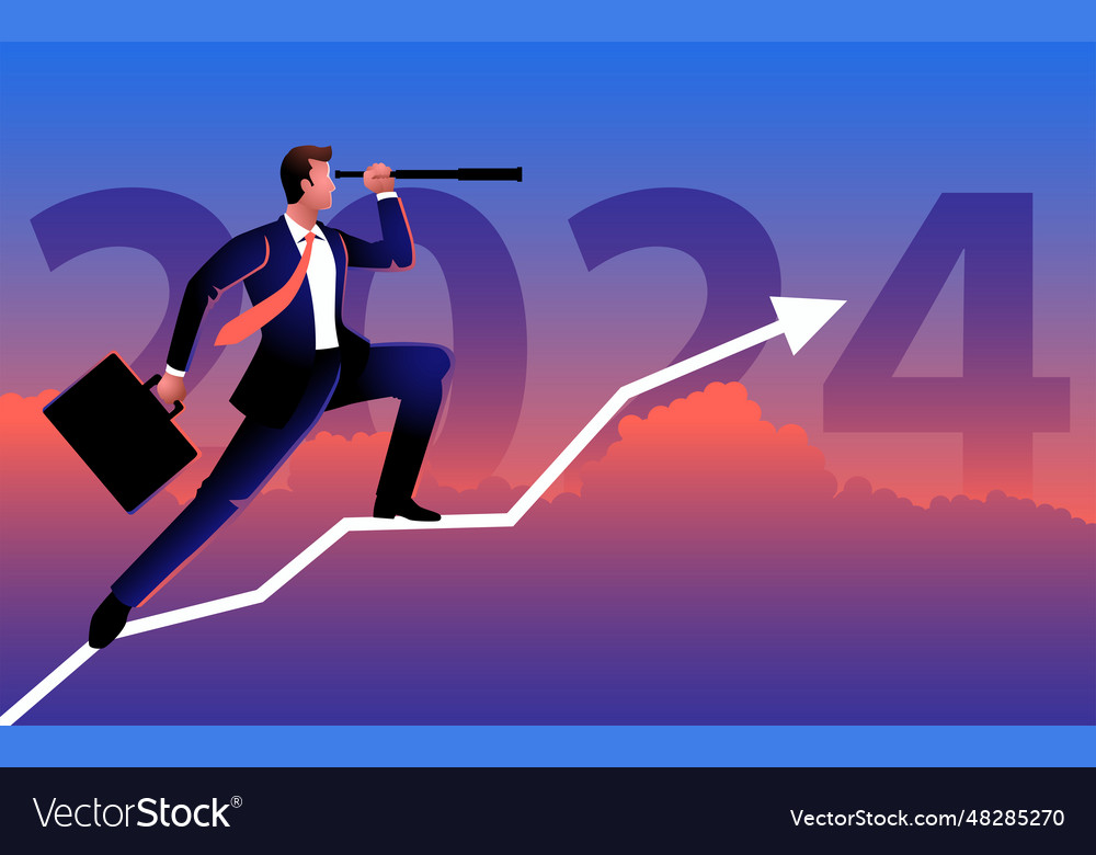 Businessman using telescope on a graph chart