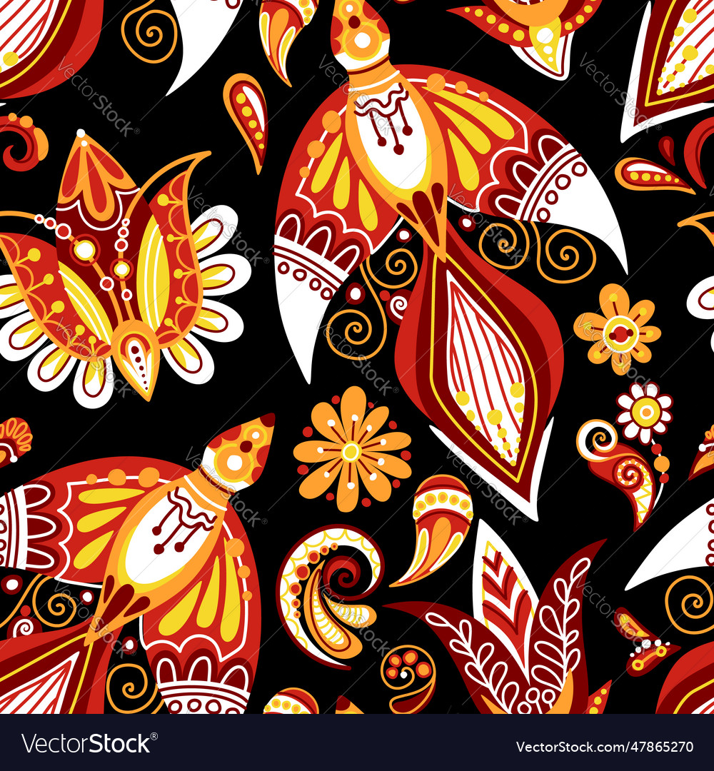 Folkloric seamless pattern with bird