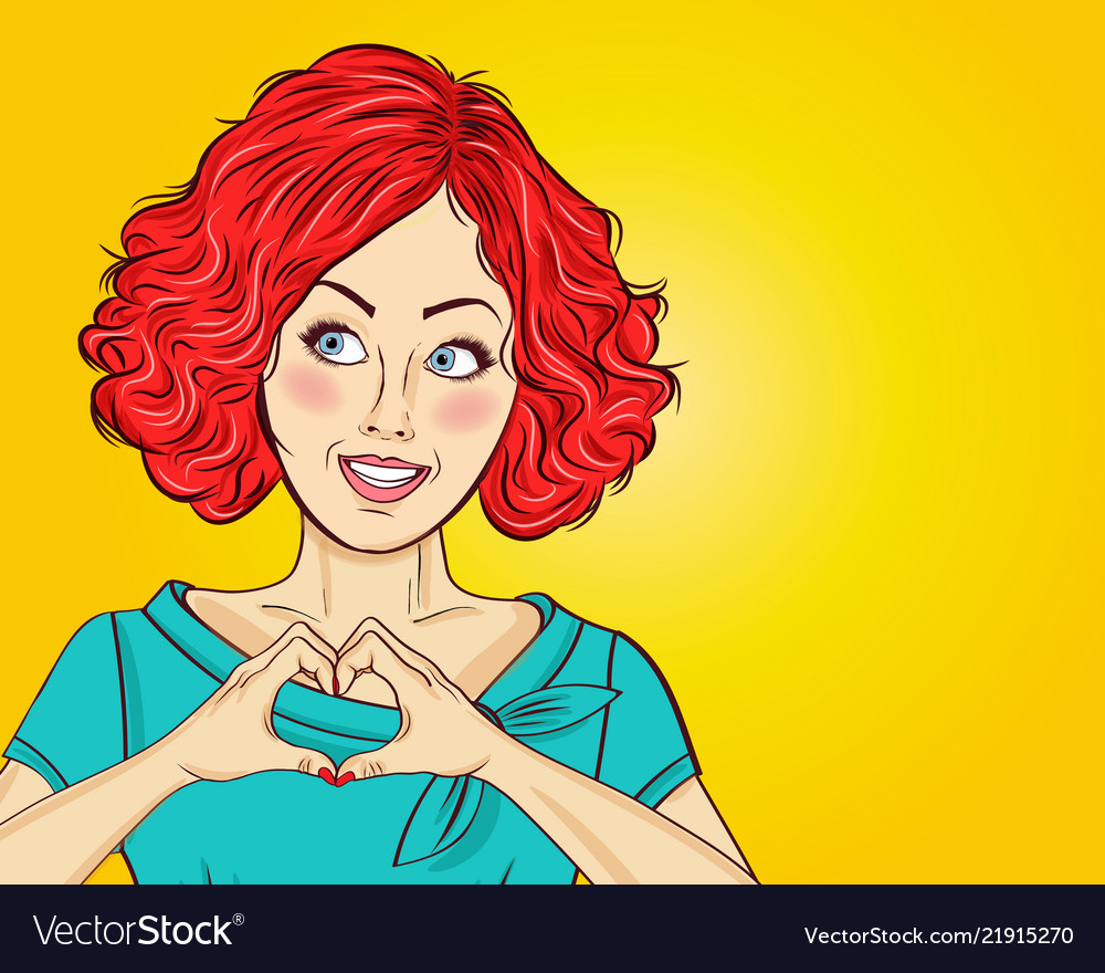 Pop art woman making heart sign with hands comic