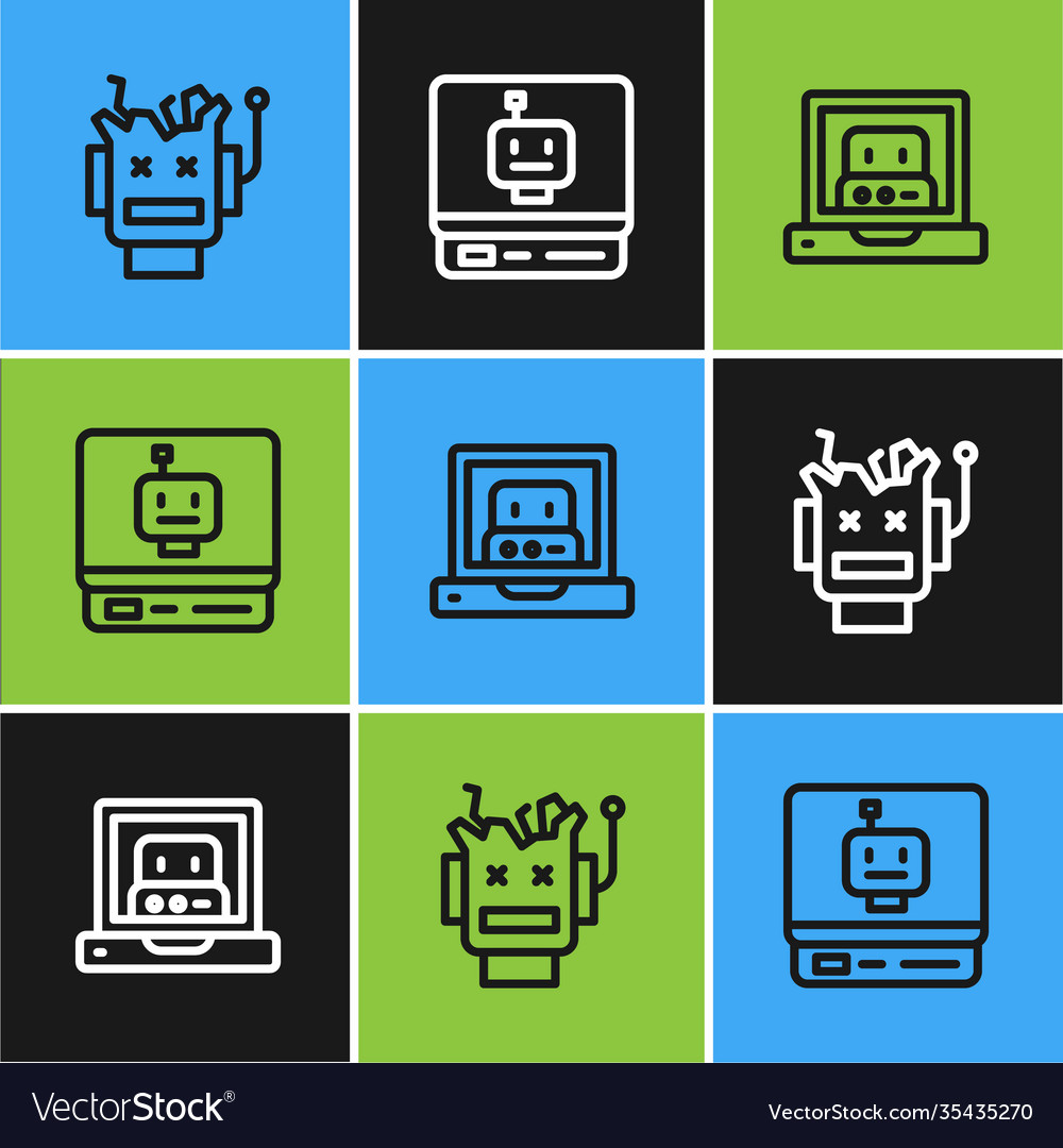 Set line broken robot creating and icon vector image Set line broken robot creating and icon