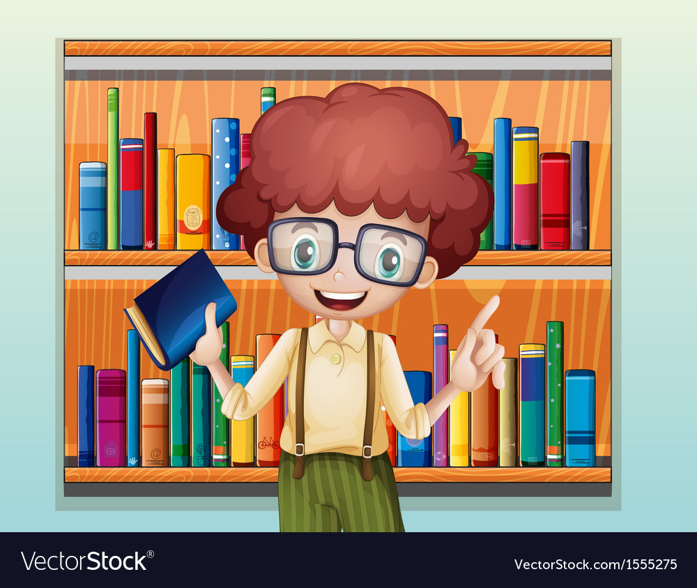 A happy boy with a book standing in front the Vector Image