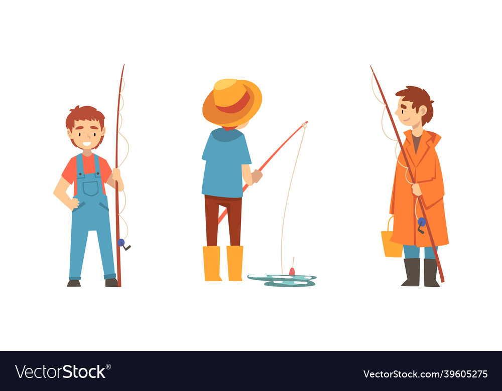 Boy character in fisherman boots with angling rod Vector Image