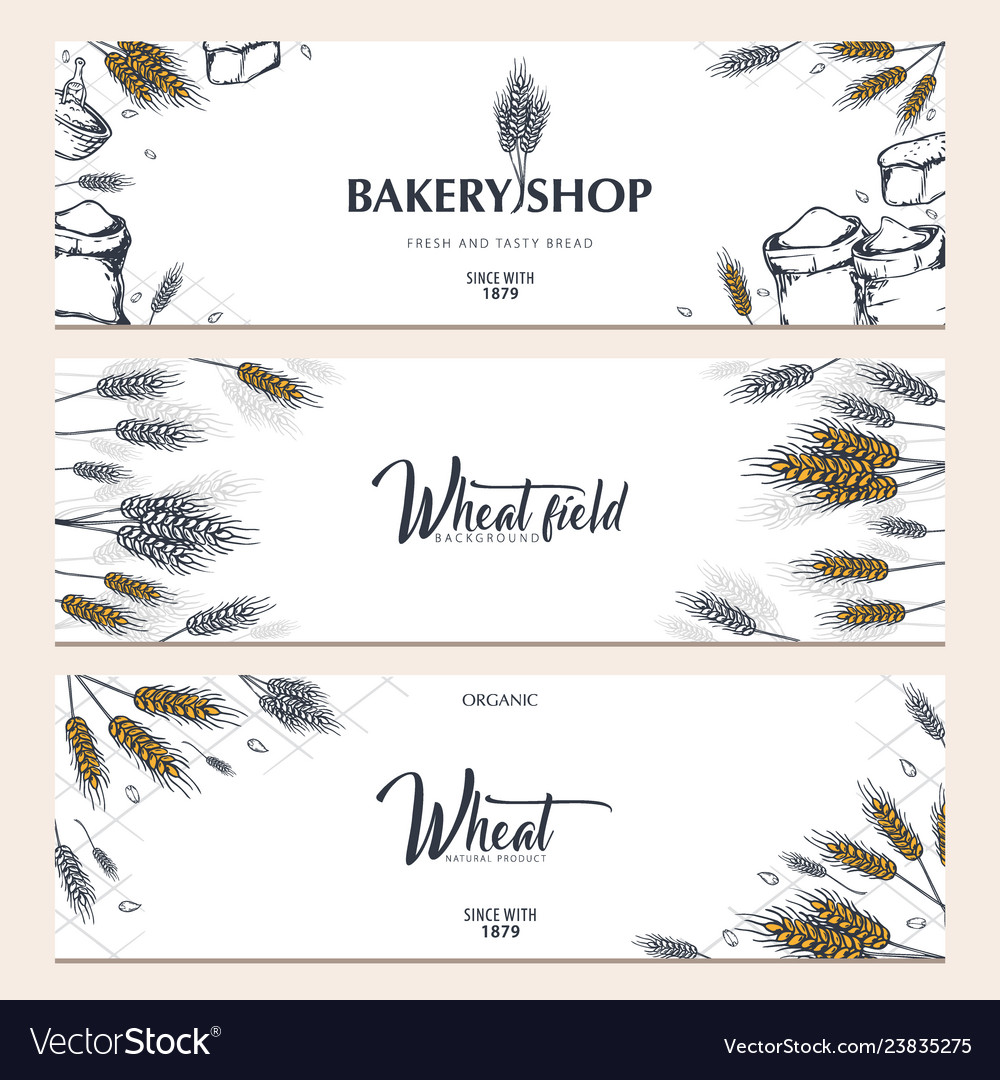 Set of bakery backgrounds with wheats linear vector image Set of bakery backgrounds with wheats linear