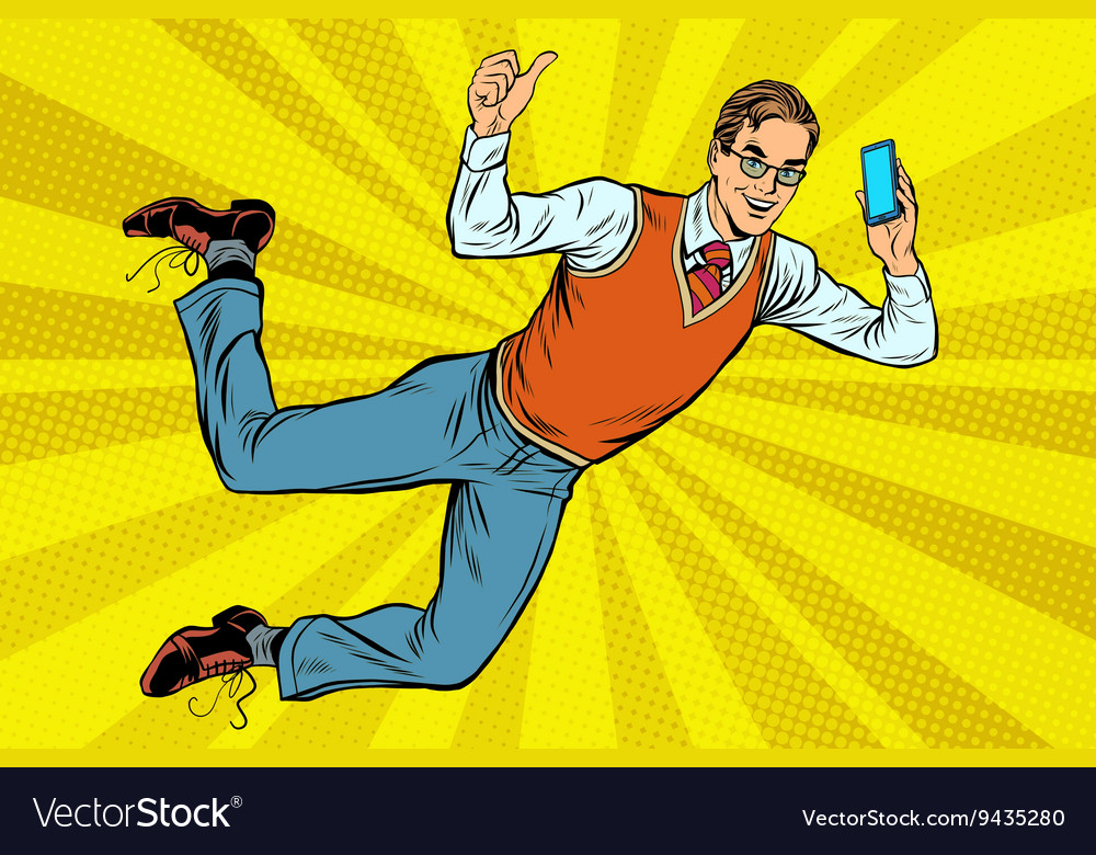 Flying hipster with a smartphone Royalty Free Vector Image