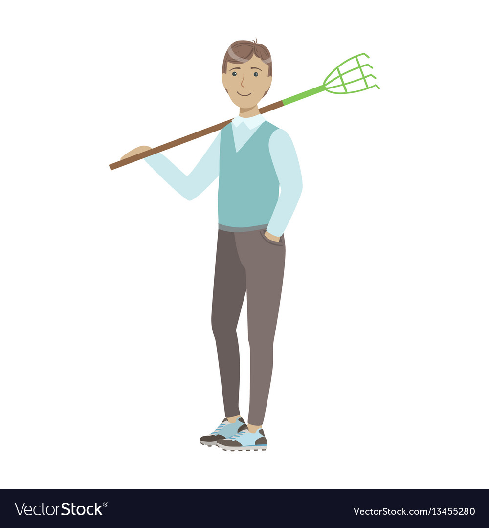 Man holding rake on his shoulder cartoon adult Vector Image