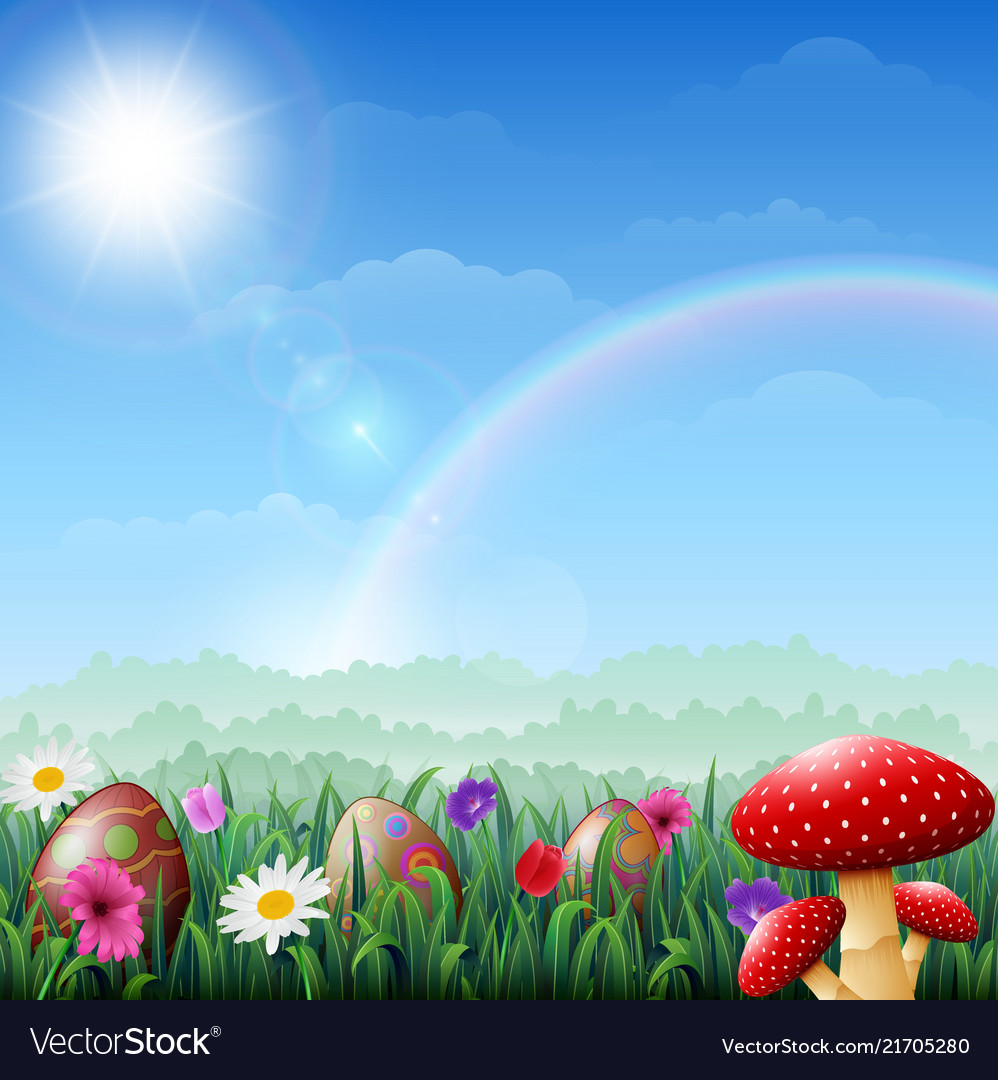 Spring easter background eggs in grass wit