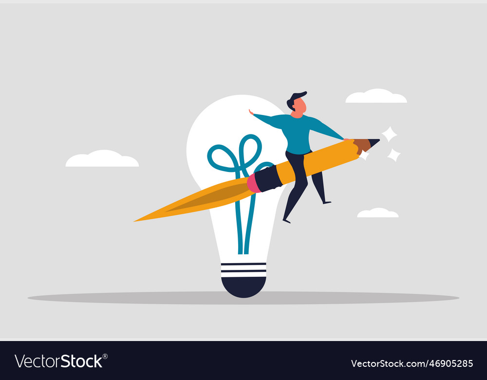 Creation of new ideas a man flies on a pencil Vector Image