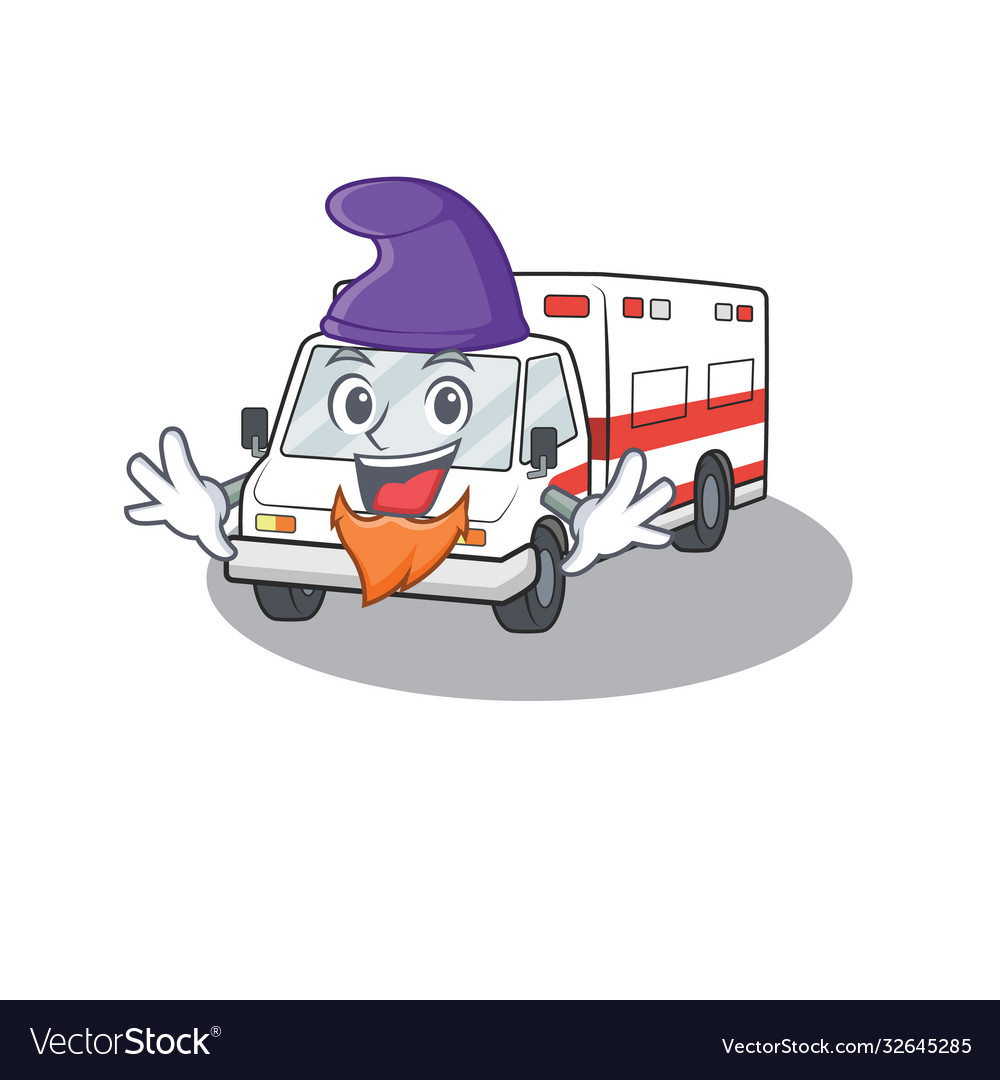 Funny ambulance cartoon mascot performed as an elf