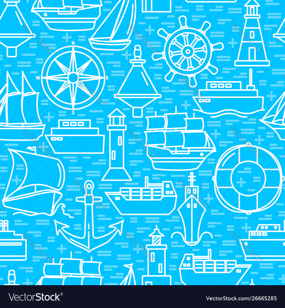 Ocean seamless pattern with ship icons in line vector image Ocean seamless pattern with ship icons in line