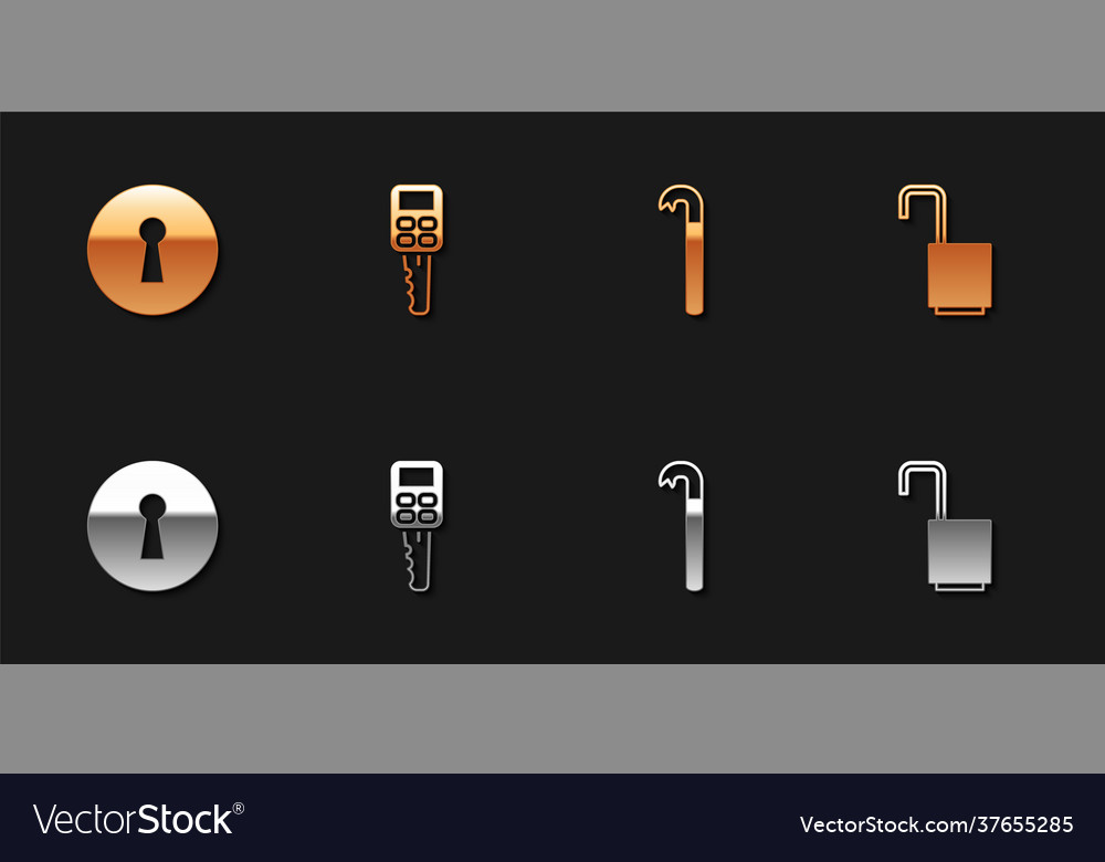 Set keyhole car key with remote crowbar and open vector image Set keyhole car key with remote crowbar and open