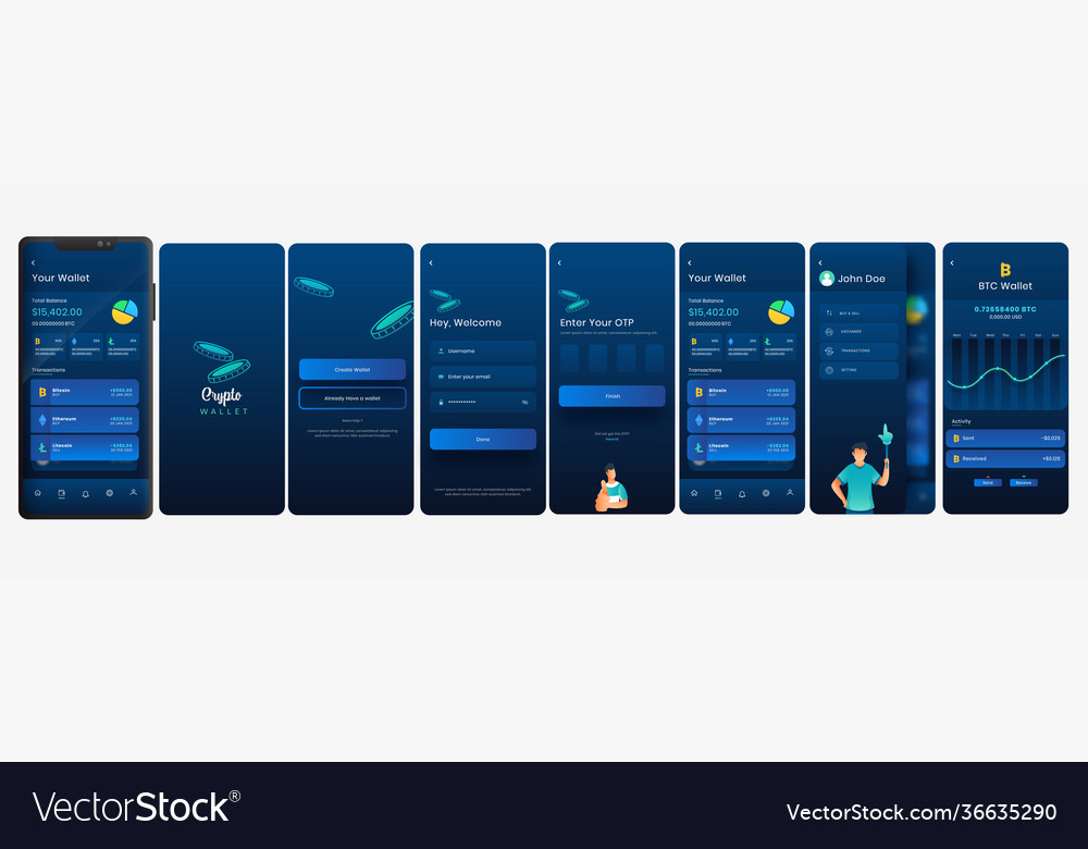 Crypto wallet mobile app ui ux screens including