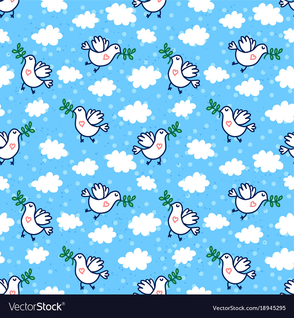Birds with olive branch seamless pattern
