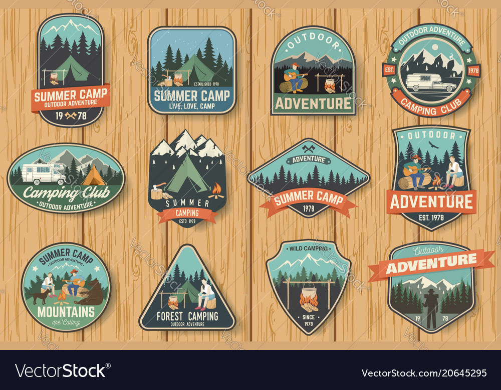 Set Of Summer Camp Badges On The Wood Board Vector Image