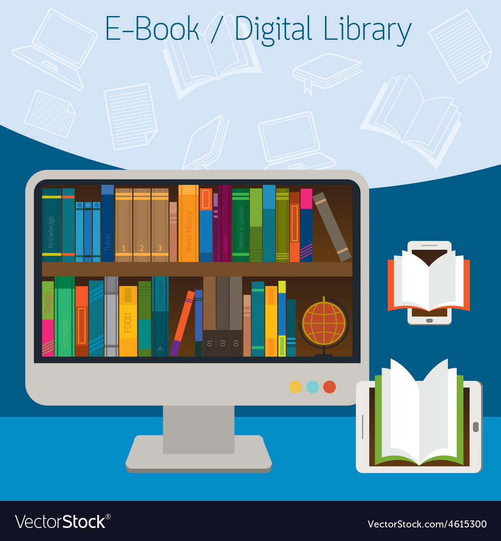 Computer And Books E Book And Digital Library Vector Image