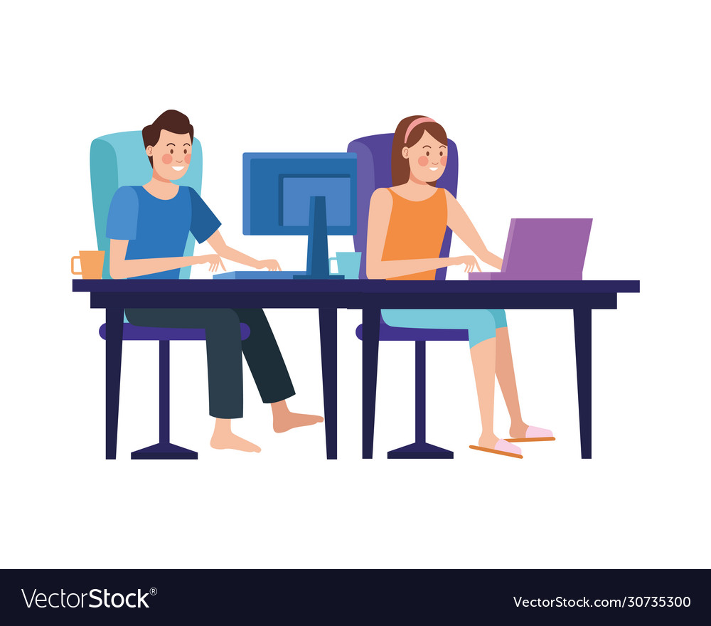 Couple in desktop working characters