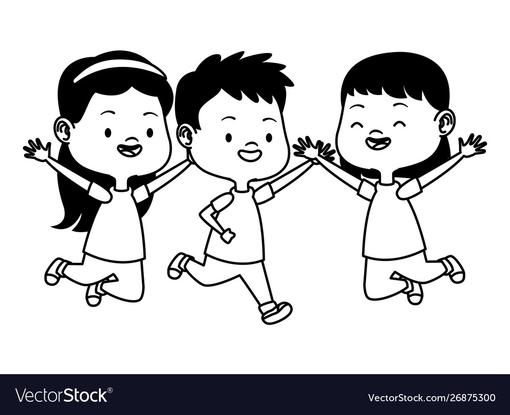 Cute happy kids having fun in black and white Vector Image