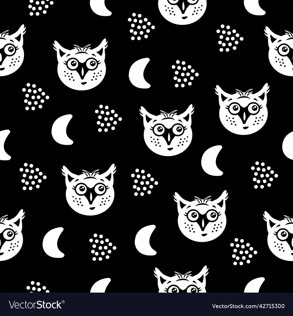 Cute owls monochrome seamless pattern vector image Cute owls monochrome seamless pattern