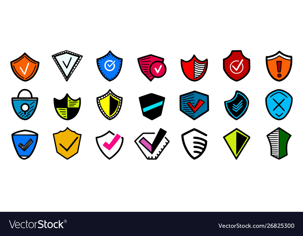 Hand drawn multicolored security shields icons